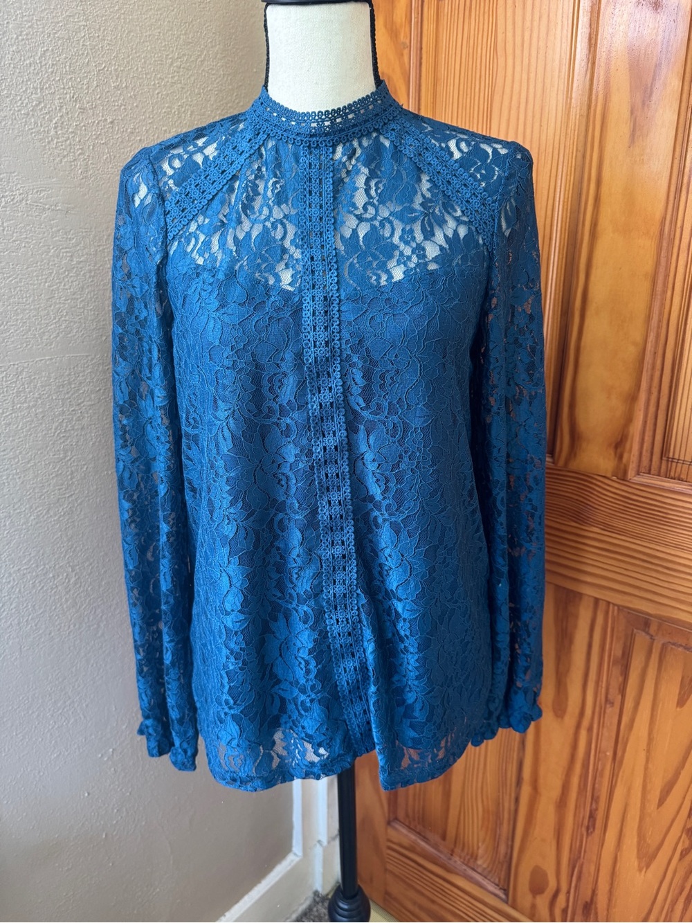 Lace High-Neck Long-Sleeve Top - Teal Blue